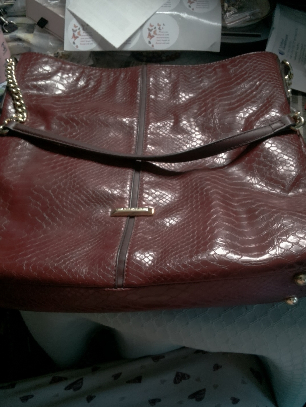 Anne Klein Maroon Textured Shoulder Bag with Gold Hardware